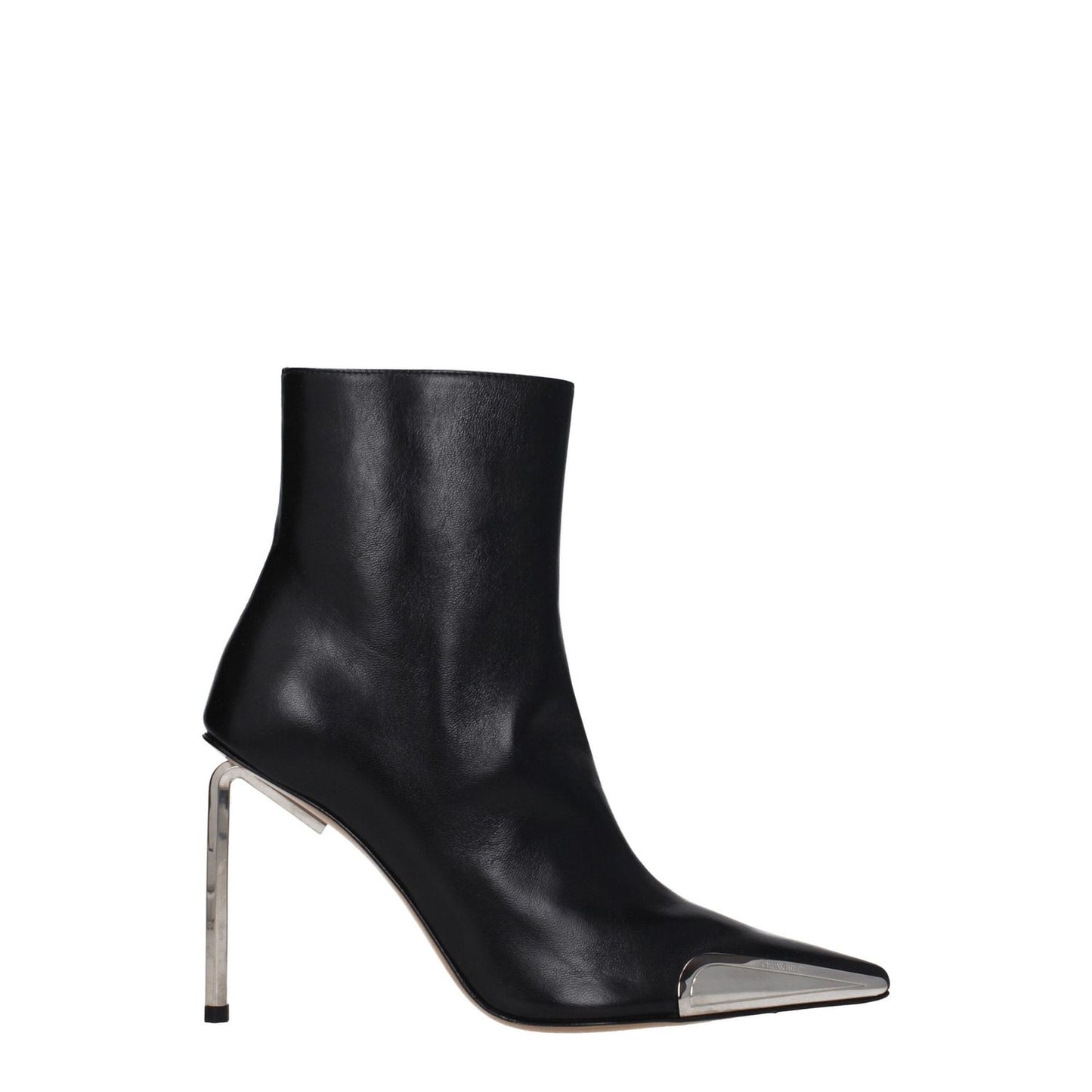 Off-White Black Leather Ankle Boots with silver accents and high heel, featuring side and back logos.