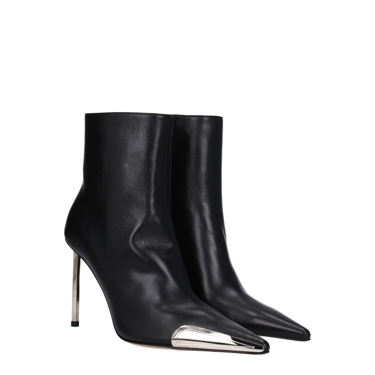 Off-White Black Leather Ankle Boots with silver accents, pointy toe, and high heel, featuring side and back logo. MPN OWID048LEA0011072.