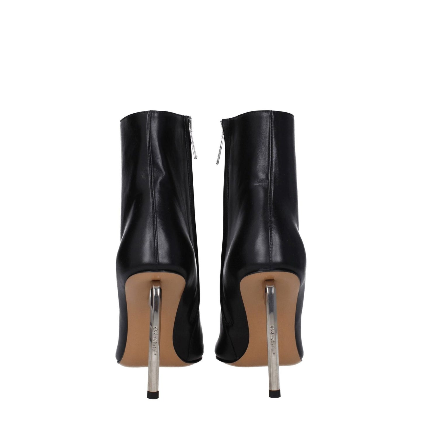 Off-White Black Leather Ankle Boots with high heel and zip closure, showcasing back view and silver color details.