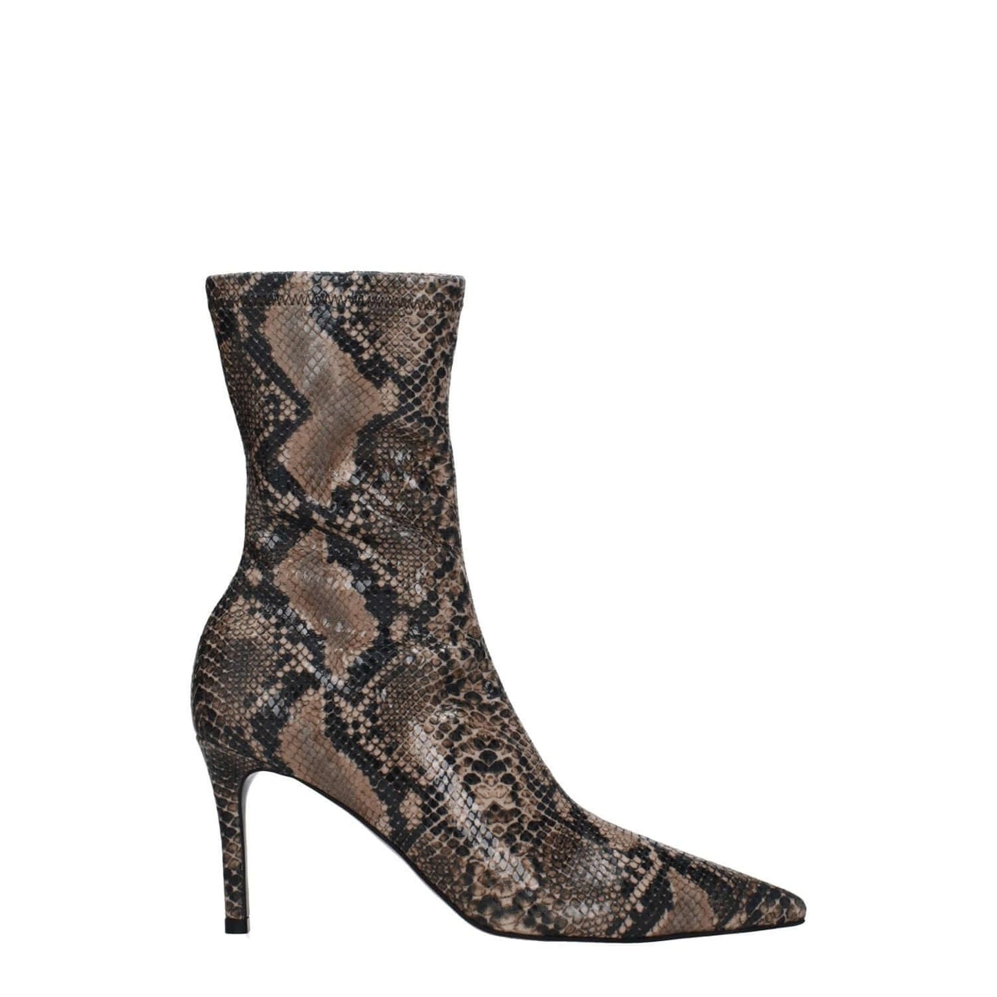 Stella McCartney Brown Leather Ankle Boots in eco leather with python print, mid heels, and pointy toe.