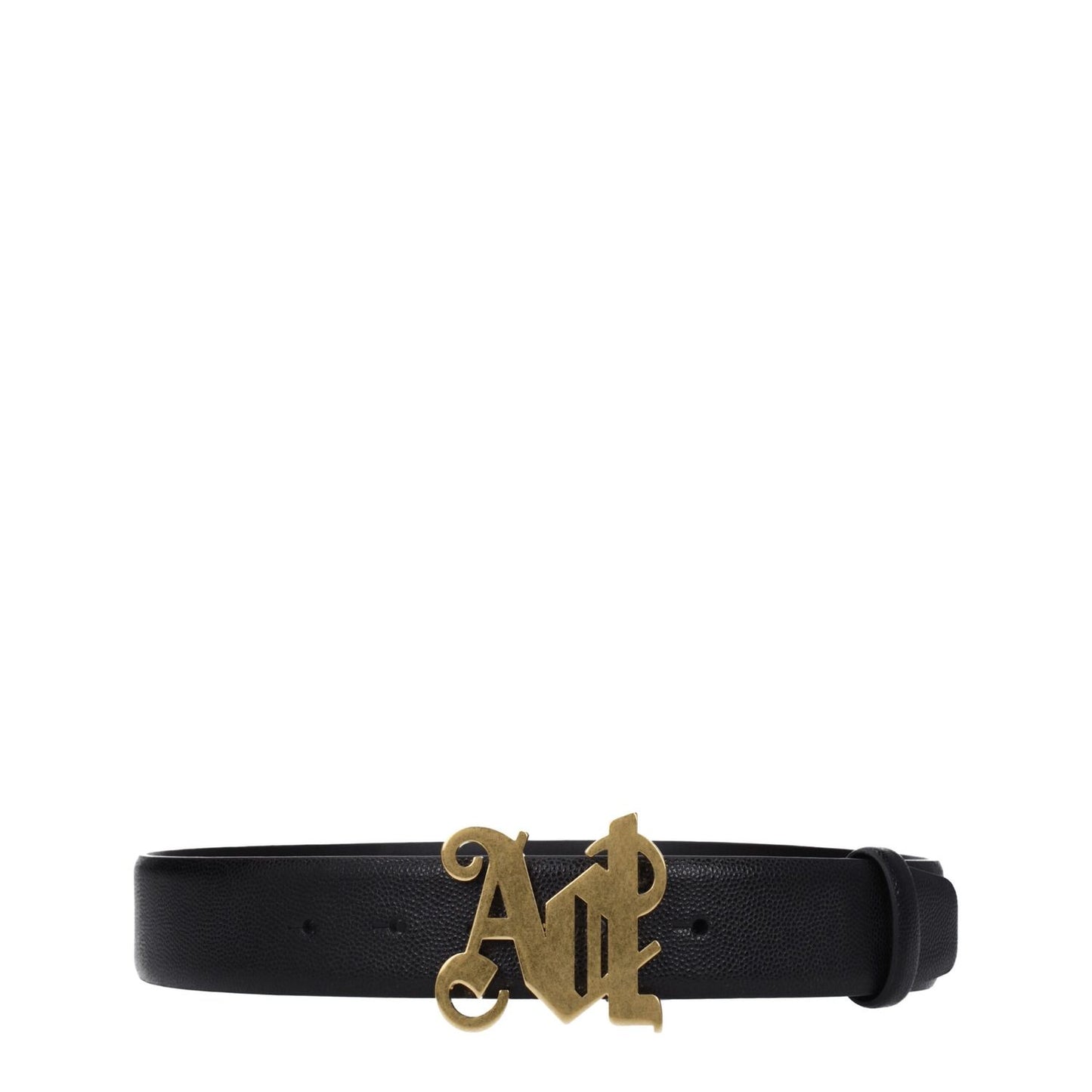Palm Angels Black Leather Regular Belt with vintage effect, gold front logo, 3.5 cm height, button closure, casual style.
