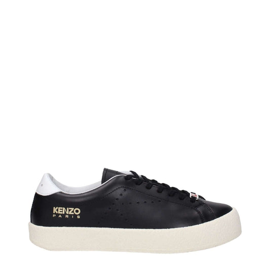 Kenzo Black Leather Low Top Sneakers with side logo, sporty glam style, lace-up closure, and rubber sole.
