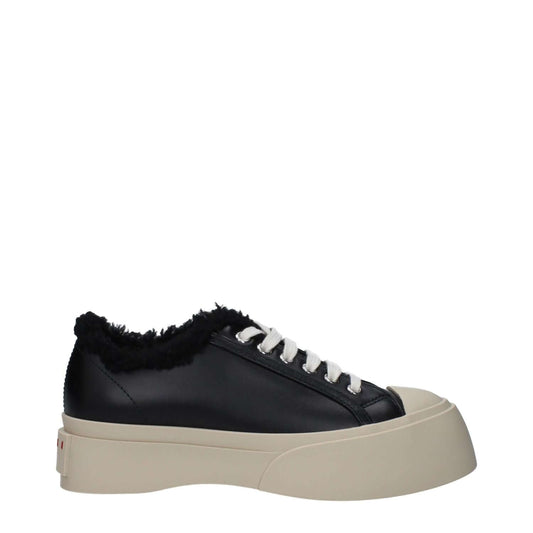Marni Black Leather Chunky Sneakers with fur detail, front and back logos, lace-up closure, and rubber sole, casual mid-heel design.