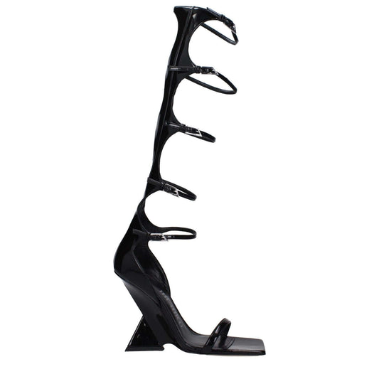 The Attico Black Leather Stiletto Heel Sandals with an open toe and buckle closure, featuring a 10.5 cm wedge heel.