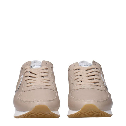 Philippe Model Beige Leather Low Top Sneakers front view with logos and side detail.