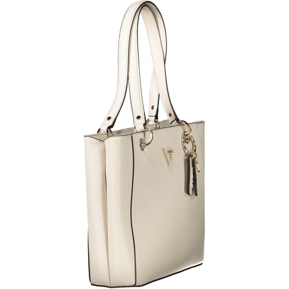 Guess Jeans Beige Polyethylene Handbag with shoulder handles, external pocket, compartments, phone spaces, and logo detailing.