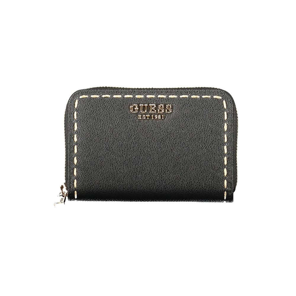 Guess Jeans Black Polyethylene Wallet with zip closure and contrasting details, showcasing the logo and double card spaces.