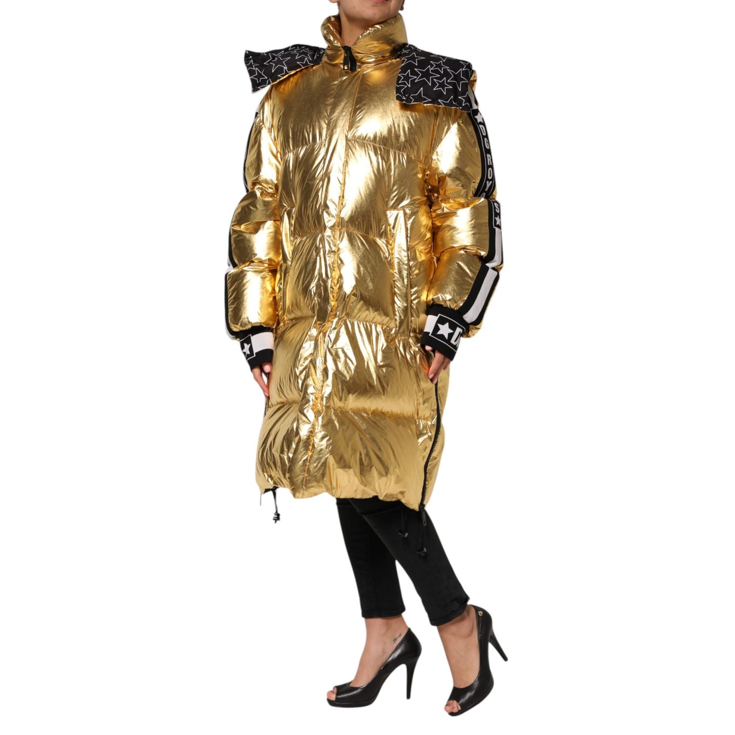 Dolce & Gabbana Gold Hooded Puffer Quilted Full Zip Jacket