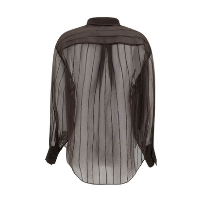 Back view of Brunello Cucinelli Brown Silk Blouse with semi-transparent design and adjustable cuffs.