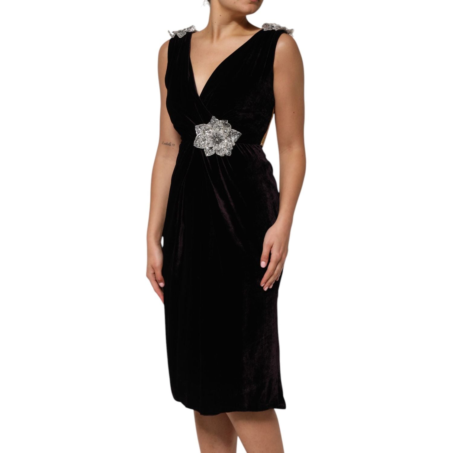 Dolce & Gabbana Black Velvet Flower Embellishment Aline Dress