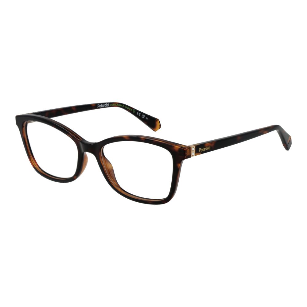 Polaroid Brown Women Glasses Frame with full-rim polyamide frame, demo lenses, and 53-17-145 size in rectangle style.