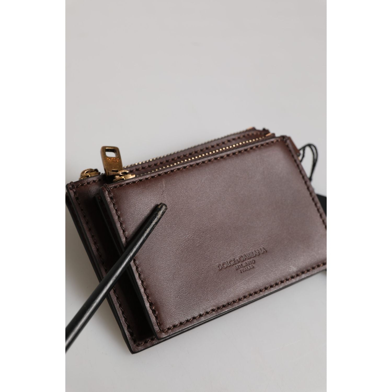 Dolce & Gabbana Brown Calf Leather Zip Logo Keyring Coin Purse Men Wallet