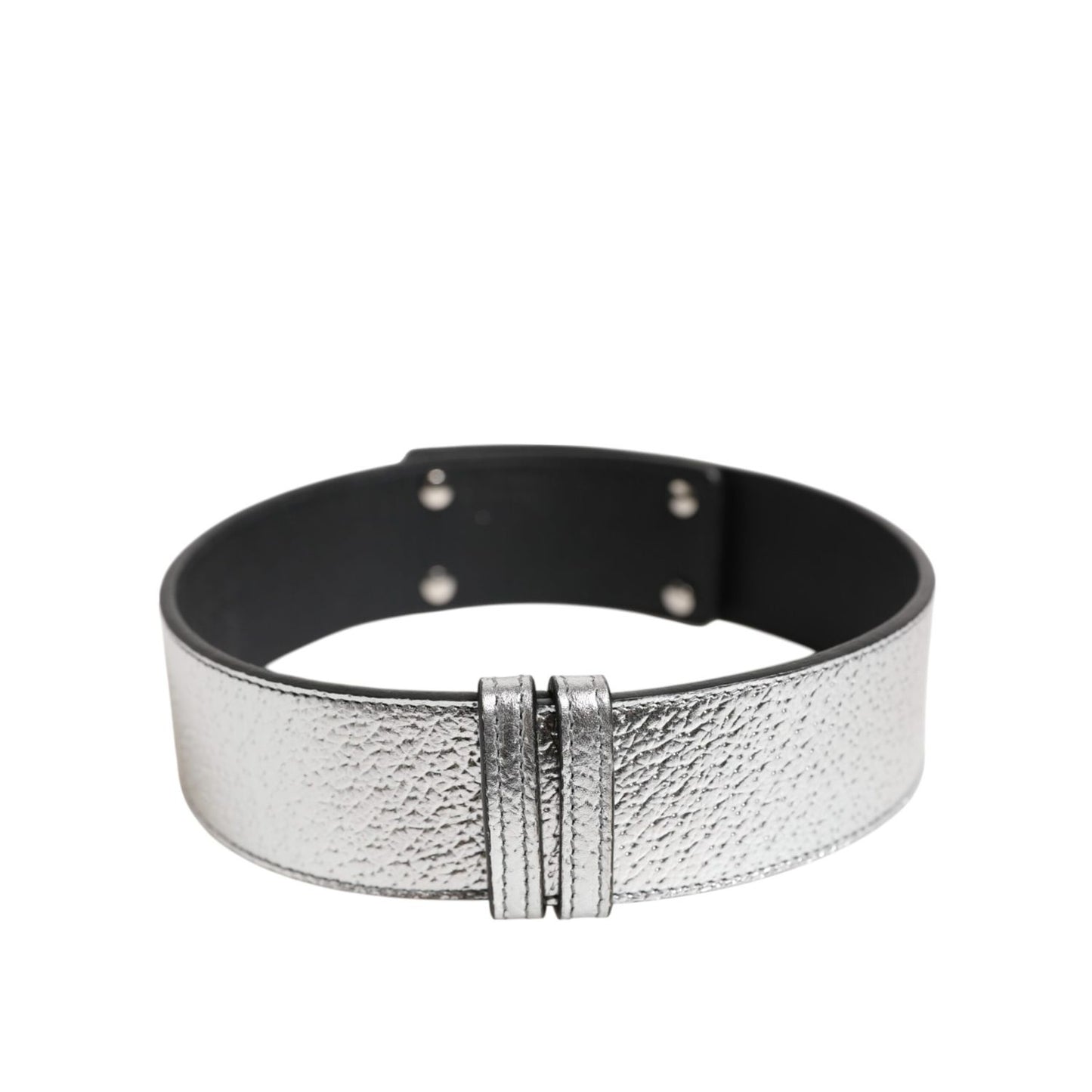 Dolce & Gabbana Silver Textured Leather Gold Tone Metal Neckband