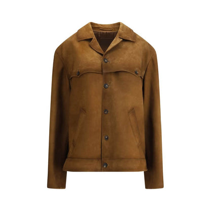 Prada Brown Leather Jacket with classic collar, front button closure, and two welt pockets, made of 100% suede calf leather.