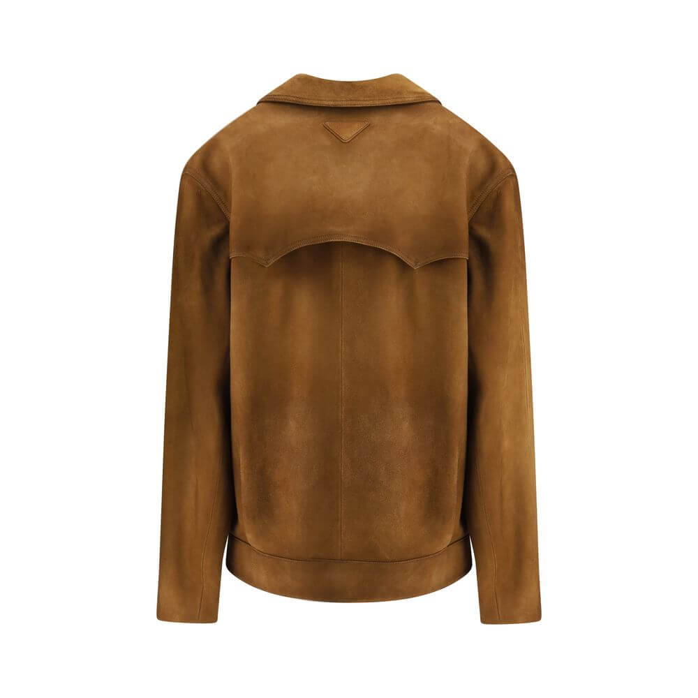 Prada Brown Leather Jacket - rear view of suede design with classic collar, button closure, and welt pockets. Iconic for AW25 season.