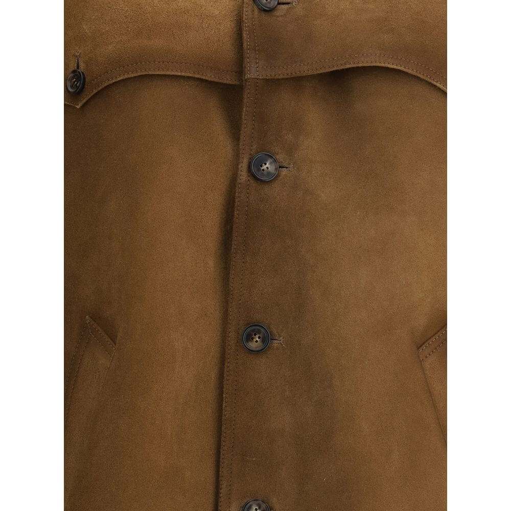Prada Brown Leather Jacket with classic collar and button closure, made of 100% calf leather for contemporary elegance and versatility.