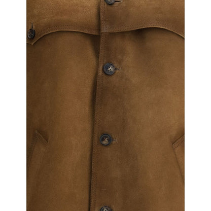 Prada Brown Leather Jacket with classic collar and button closure, made of 100% calf leather for contemporary elegance and versatility.