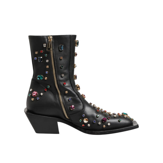 Dolce & Gabbana Black Crystal Cowboy Leather Men Boots Shoes with mid calf, crystals, zippers, and leather sole.