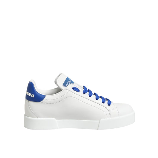 Dolce & Gabbana White Blue Leather Low Top Sneakers Shoes with logo details, featuring blue laces and white sole, high craftsmanship.