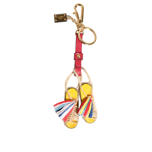 Dolce & Gabbana Red Yellow Mini Espadrille Style Charm Keychain Keyring with colorful tassels and logo hardware.