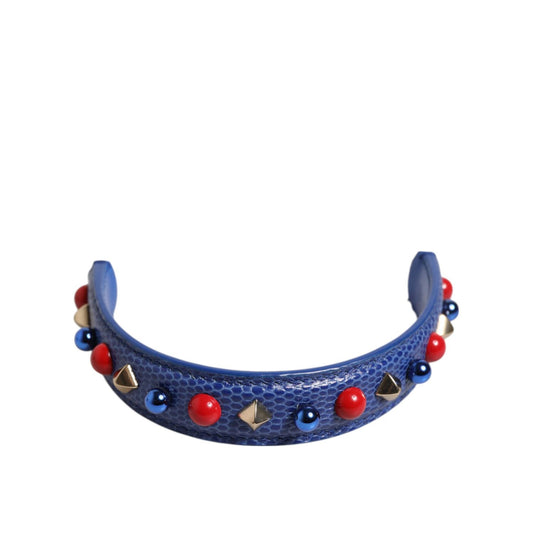 Dolce & Gabbana Blue Embellished Leather Bag Handle Women Shoulder Strap with red and gold accents, 23 cm calf leather, made in Italy.