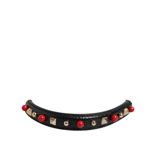 Dolce & Gabbana Black Embellished Leather Bag Handle Women Shoulder Strap with red and gold accents.