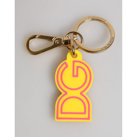 Dolce & Gabbana Yellow Rubber Gold Tone Metal DG Logo Keyring Keychain with brass and logo engraved metal hardware.