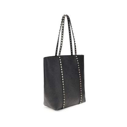 Valentino Garavani Black Calf Leather Bos Taurus Shoulder Bag with platinum-finish studs and dual handles