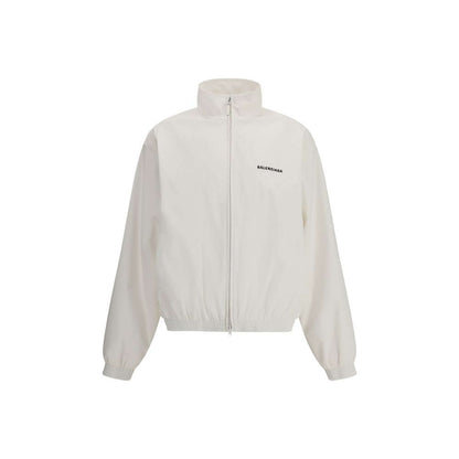 Balenciaga White Polyester Shell Jacket with logo embroidery, high collar, zipper closure, and elastic cuffs for AW25 season.