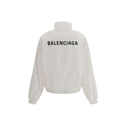 Balenciaga White Polyester Shell Jacket with logo embroidery, high collar, and elastic cuffs, back view; breathable mesh lining for comfort.