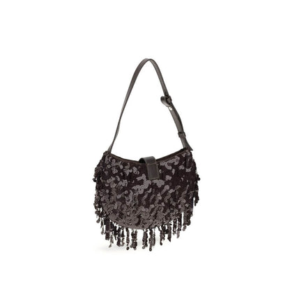 Staud Brown Polyester Shoulder Bag with sequins, fringe, and moon-shaped buckle, perfect for evening looks.