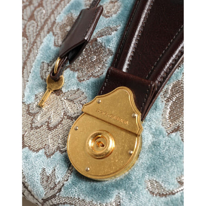Dolce & Gabbana Blue Brown Leather Floral Jacquard Travel Handbag Bag