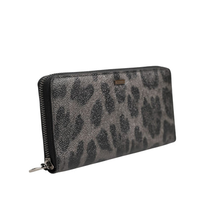 Dolce & Gabbana Black Gray Leopard Leather Zip Around Continental Wallet