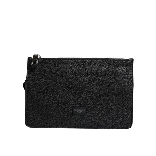 Dolce & Gabbana Black Leather Logo Embossed Waist Fanny Pack Borse Bag, front view, made of calfskin leather with zipper closure.