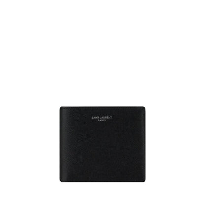 Saint Laurent Black Calf Leather Bos Taurus Wallet with card slots and bill compartment, iconic signature front, grained finish.