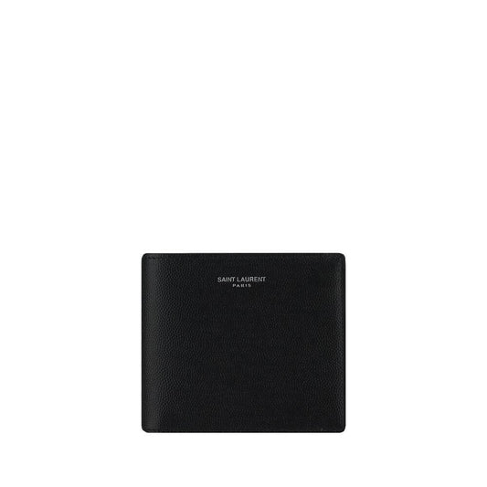 Saint Laurent Black Calf Leather Bos Taurus Wallet with card slots and bill compartment, iconic signature front, grained finish.