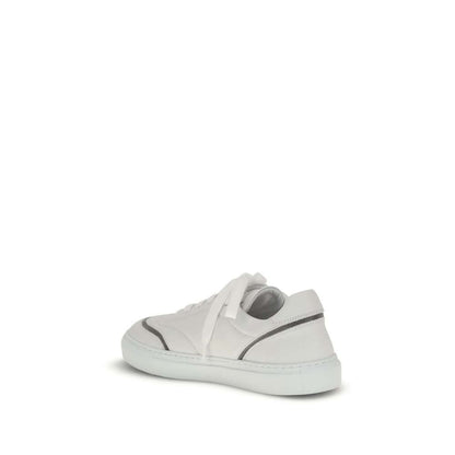 Brunello Cucinelli White Calf Leather Bos Taurus Low Top Sneakers with shiny monili detail and TPU rubber sole.