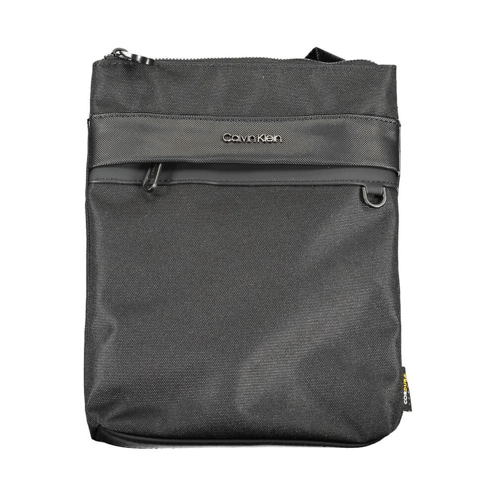 Calvin Klein Black Polyester Shoulder Bag with adjustable strap, contrast details, external pocket, and zip closure, made from recycled polyester.