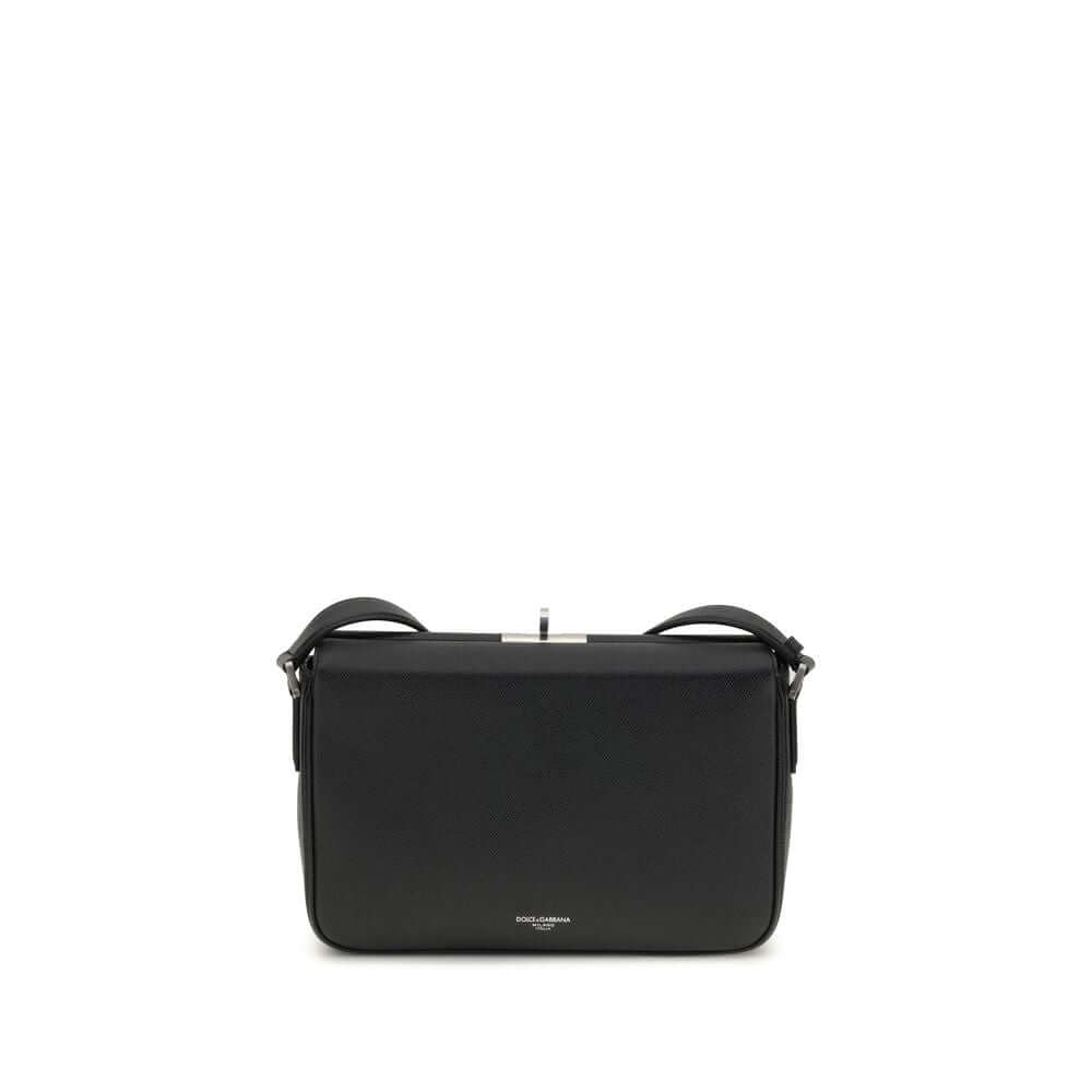 Dolce & Gabbana Black Calf Leather Bos Taurus Shoulder Bag with adjustable strap and metal zipper closure.