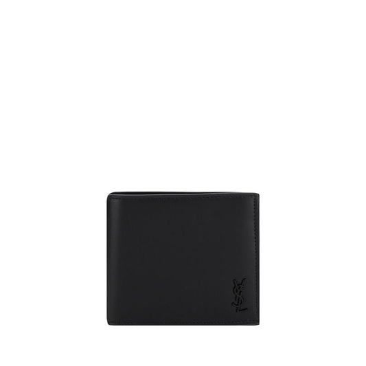 Saint Laurent Black Calf Leather Bos Taurus Wallet with logo plaque and bill fold design.