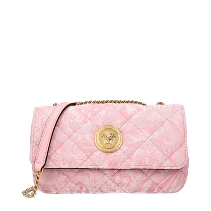 Versace Pink Fabric Shoulder Bag with quilted design and gold medallion front detail.