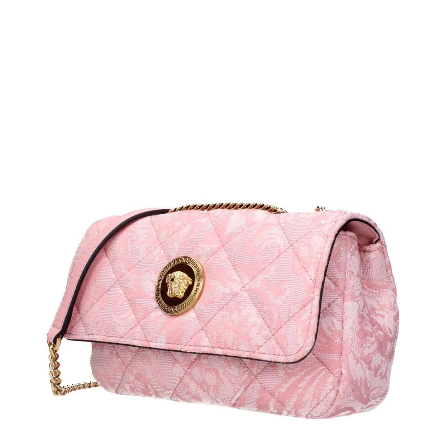 Versace Pink Fabric Shoulder Bag with front detail and quilted design, featuring gold accents and signature Medusa emblem.