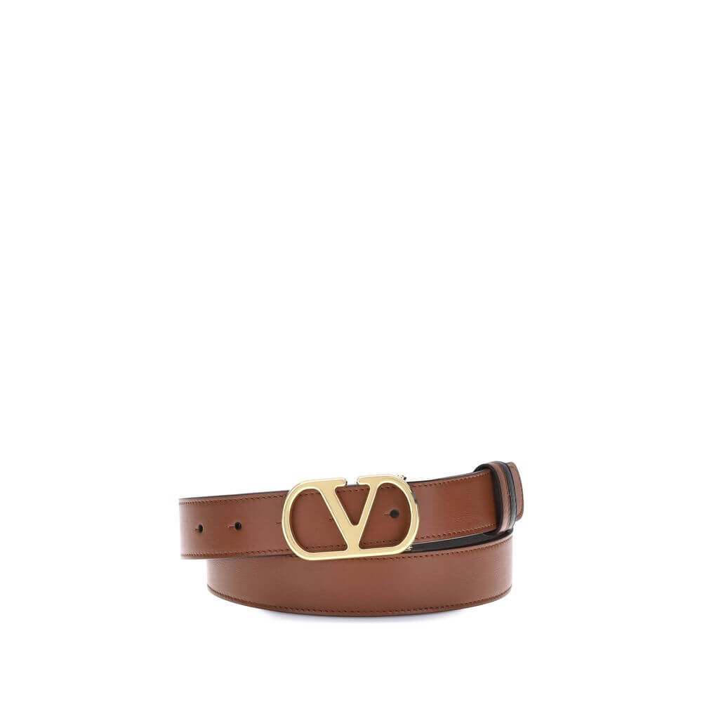 Valentino Garavani Brown Calf Leather Bos Taurus Regular Belt with gold metal VLogo buckle.