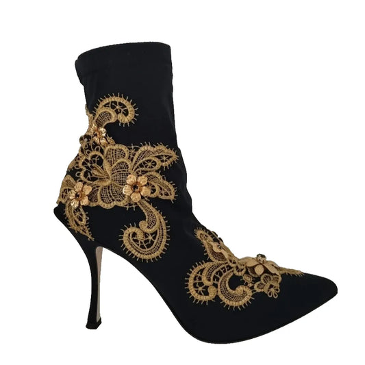 Dolce & Gabbana Black Gold Embroidery Crystal Boots Shoes with intricate gold embroidery and crystal embellishments, slip-on style.