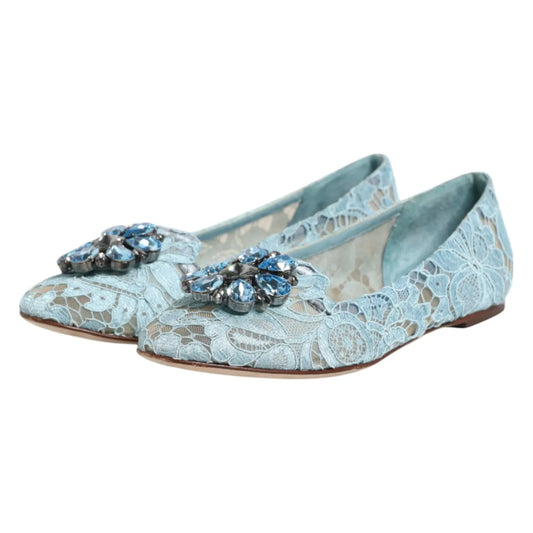 Dolce & Gabbana Blue Lace Crystal Ballet Flats Loafers Shoes with floral lace and crystal buckle, luxury women's footwear
