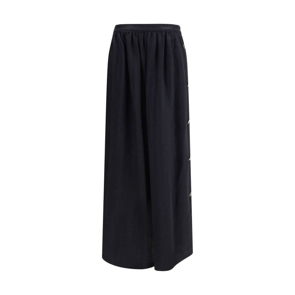 Kristina Ti Black Fleece Wool Long Skirt with golden geometric buttons, wool and silk blend, elegant semi-wheeled design, made in Italy AW25.