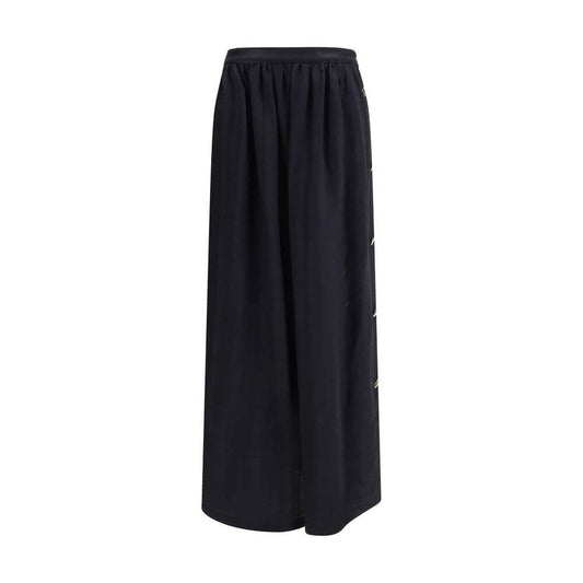 Kristina Ti Black Fleece Wool Long Skirt with golden geometric buttons, wool and silk blend, elegant semi-wheeled design, made in Italy AW25.