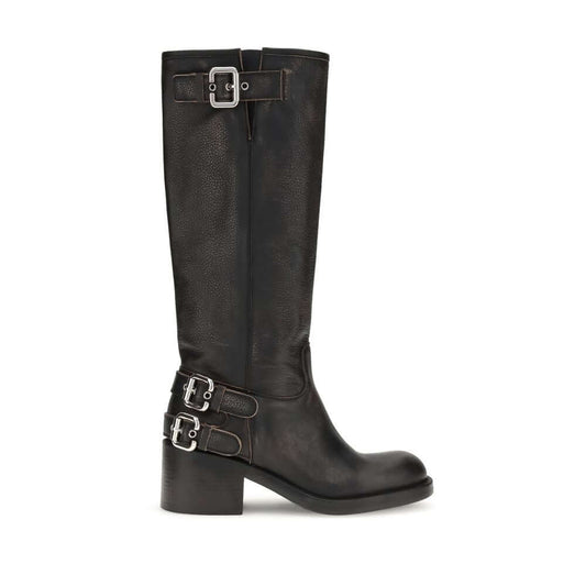 Chloé Black Calf Leather Bos Taurus Lace-Up Boots, Dakota biker style with silver buckles and tubular shaft, AW25 collection.