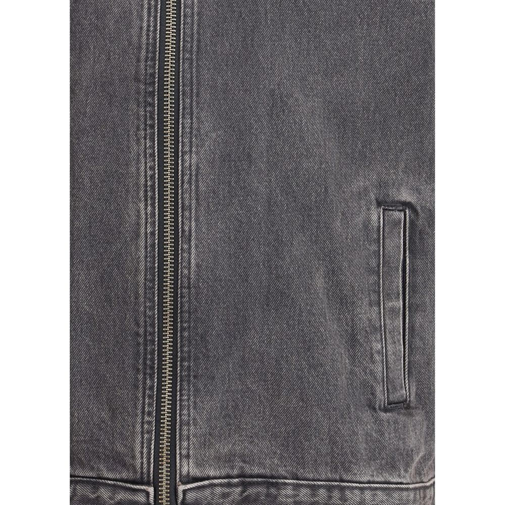 Close-up of zipper and fabric on 7FOR Gray Cotton Denim Jacket showing welt pocket and topstitching detail.