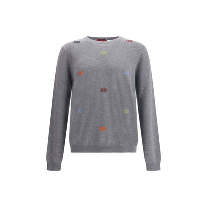 Gucci Gray Cashmere Sweatshirt with multicolor jacquard logo, ribbed crew neck, cuffs, and hem, made in Italy. Season: AW25.